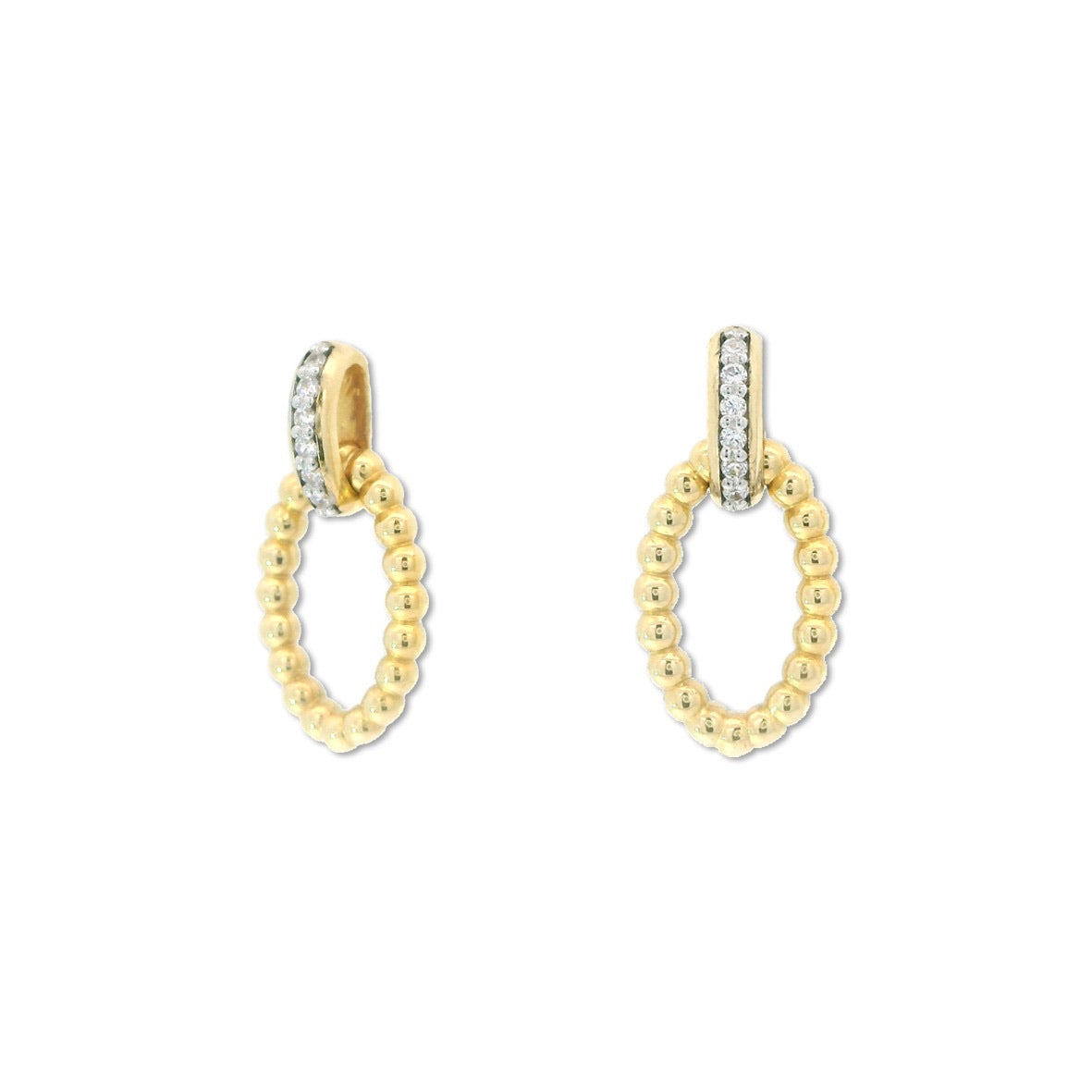 14K Gold beaded oval earrings with diamond cascading from the top.